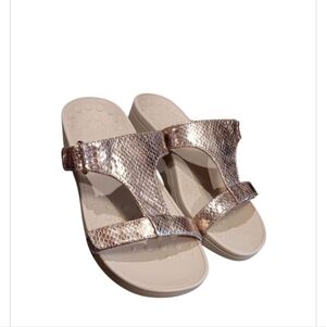 Vionic Ellie T Strap Slides Sandals Metallic Snake Pattern Women's Size 7 Semi N